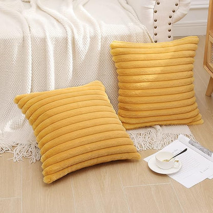 Pallene Faux Fur Plush Throw Pillow Covers 24x24 Set of 2, Luxury Soft Fluffy Striped Decorative Pillow Covers for Sofa, Couch, Living Room, Mustard Yellow