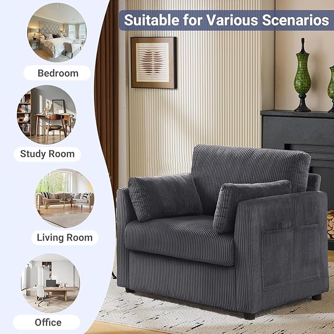 Modern Corduroy Accent Chairs, 38" W Comfy Armchair with Soft Pillows and Side Pockets, Single Reading Chairs for Living Room, Bedroom, Apartment, Grey
