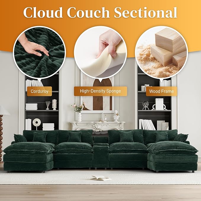 HYJT-H&K 145" U Shaped Cloud Couch Modular Green Sectional Couches for Living Room, Comfy Fluffy Corduroy Oversized Cloud Sectional Couch Large 6 Seat Sectionals Sofa Set Central Console USB Port