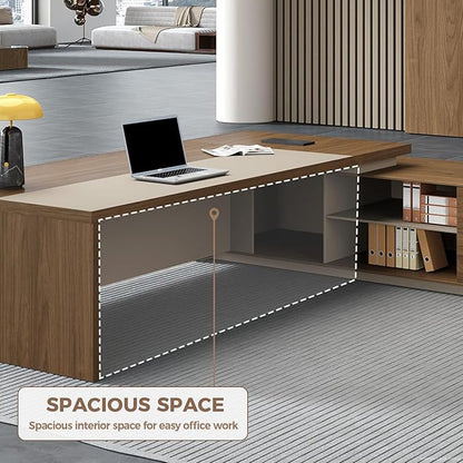 Premium Executive Desk, Modern L Shape Office Executive Desk with Drawers, Lockable Storage & Cable Management (Champagne Wood Grain+Beige/Right,79" L*63" W*30" H)