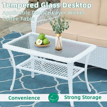 VIVIJASON 5-Piece Outdoor Patio White Wicker Conversation Sets, All Weather Outdoor Rattan Furniture Set Includes Glider Loveseat, 2 Coffee Table, 2 Swivel-Gliders Chairs with Cushions, Beige