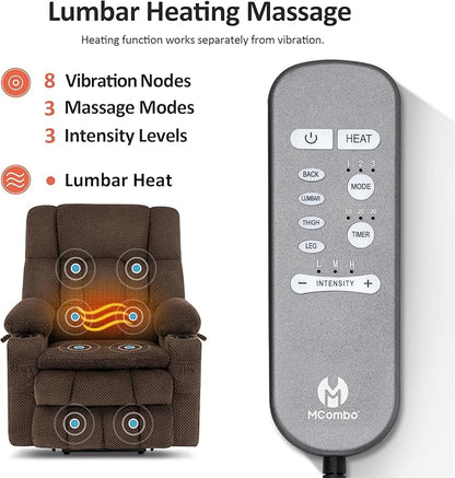 MCombo Dual Motor Large Power Lift Recliner Chair for Elderly, Lay Flat Lift Chair with Heat and Massage, Big Lift Recliner for Tall People, Cup Holders, Fabric 7896 (Large, Mocha)