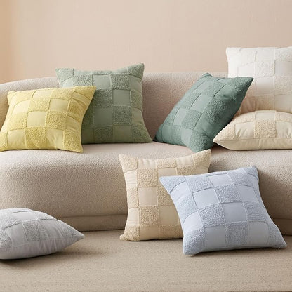Double Stitch 100% Cotton Throw Pillow Covers - Checkered Tufted Boho Decorative Pillow Covers 20x20, Made in India, Square Cushion Case, Modern Home Decor for Couch, Sofa, Living Room, Sage Green