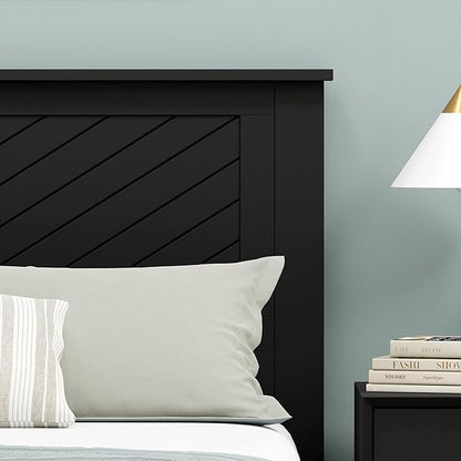 Serene Poplar Wood Full Size Headboard in Black, Modern Farmhouse Panel with Chevron Scoring, Casual Coastal Style, Easy Assembly, Quality Materials