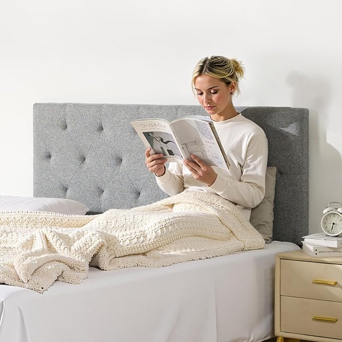VEVOR Headboard, Full Size Headboard with Adjustable Height, Comfortable Diamond Tufted for Full Size Bed, W 56.3 x H（35.6-47.4） inches, Ideal for Bedroom, Hotel, Homestay, Dormitory, Light Grey
