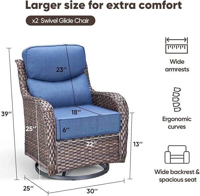 Swivel Patio Chairs Set of 2 with 6" Thick Cushion - Wicker Outdoor Swivel Rocker Patio Chairs, High Back Comfortable Outdoor Glider Chairs - Brown Wicker | Blue Cushion