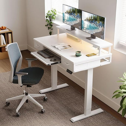 AODK Electric Standing Desk with Drawers & Keyboard Tray, 47 Inch Height Adjustable Small Gaming Desk with Power Outlets & LED Lights, Sit Stand Table with Monitor Stand for Home, Office, White