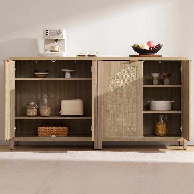 SICOTAS Rattan Sideboard Buffet Cabinet with Storage, Mid Century Modern Credenza Storage Cabinet with Arch Doors & Shelves Boho Coffee Bar Media Console Cabinets for Kitchen, Living Room, Entryway