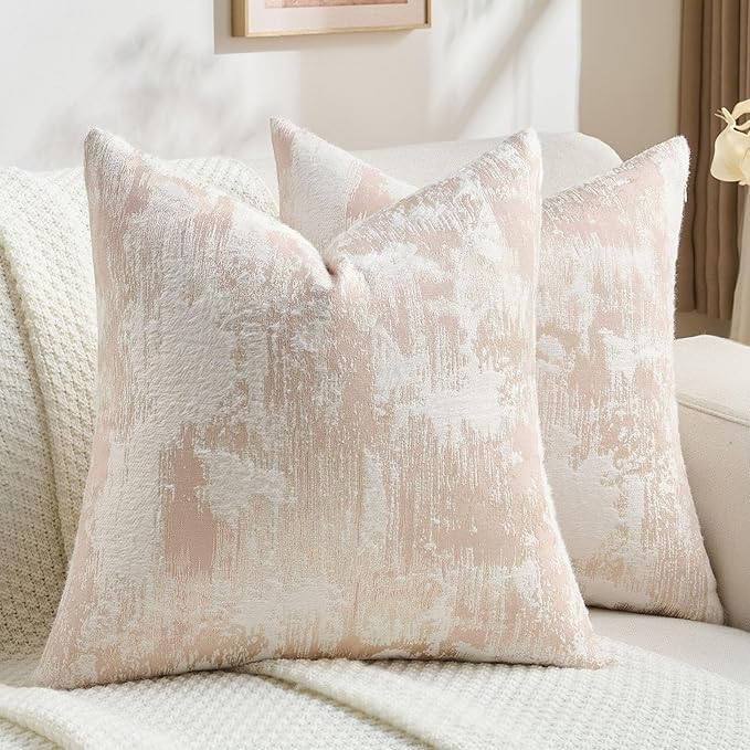 FUTEI Pink White Decorative Throw Pillow Covers 16x16 Inch Set of 2,Soft Faux Cashmere Jacquard - Textured & Cozy Cushion Case,Modern Home Decor for Couch Bed Living Room
