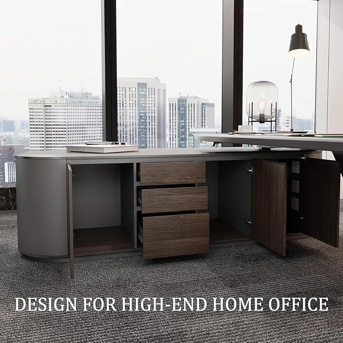 SAINTCY Large Executive Office Desk with File Cabinet, 86.6 Inch Sit & Stand L Shaped Executive Desk, Adjustable Luxury Office Desks for Boss, Business Owners, Managers and Supervisors Return Left