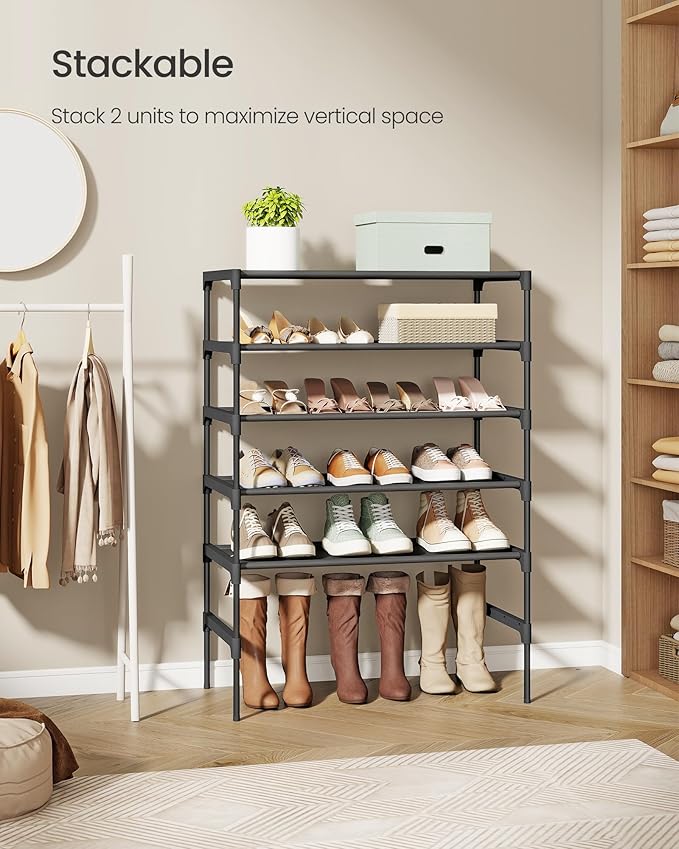 SONGMICS Shoe Rack, 3-Tier Shoe Storage Organizer, Space-Saving, 11.6 x 24.5 x 21 Inches, Entryway, Metal Frame, Non-Woven Fabric Shelves, Ink Black ULSH023BH01