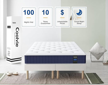 Coolvie Twin Mattress, 10 Inch Twin Size Hybrid Mattress, Individual Pocket Springs with Memory Foam, Bed in a Box, Cooler Sleep with Pressure Relief and Support