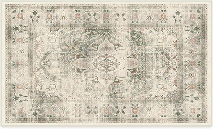 RUGGABLE Washable Vintage Area Rug – Sarrah Sage 3x5, Stain-Resistant, Non-Slip – Small Machine Washable Rugs for Living Room, Bedroom, Hallway, Entryway & Office–with Cushioned Pad