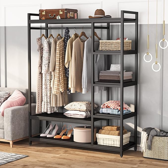 LITTLE TREE Free Standing Wood Closet Clothes Rack,Heavy Duty Grament Rack with Shelves,Hanging Racks for Clothes Clothing Rack for Bedrom,Wardrobe Closet Organizer,350 lb Capacity,Black