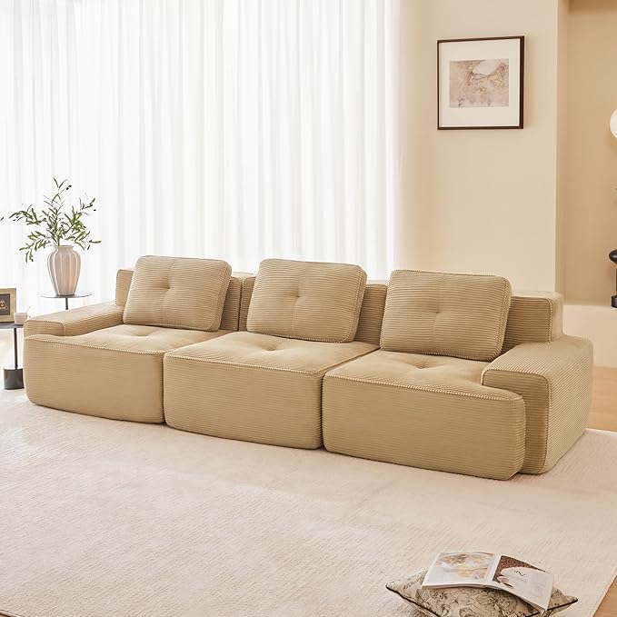 115.3” Camel Boneless Couches for Living Room, Modular Sectional Sofa, 3 Seater Comfy Upholstered Deep Seat Corduroy Fabric Cloud Couch No Assembly, Anti-Slip Design