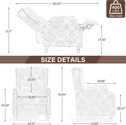 UIXE Pushback Floral Recliner Chair, Fabric Upholstered Armchair Push Back Accent Chair for Living Room, Rivet Trim Club Chair Home Theater Single Sofa Reading Seat - Beige Floral