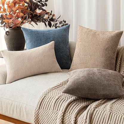 Foindtower Pack of 2 Soft Textured Chenille Throw Decorative Pillow Covers Square Accent Solid Cushion Cover Cozy Neutral Farmhouse Pillow Case for Couch Sofa Bedroom Living Room 18x18 Inch,Blue