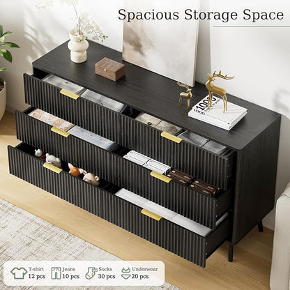 LYNSOM Fluted Dresser and Nightstand Set, 3 Pieces Bedroom Set, 55 Inch Wide 6-Drawer Dresser & 2-Drawer Nightstands Set of 2, Modern Dressers Set for Bedroom, Hallway, Black