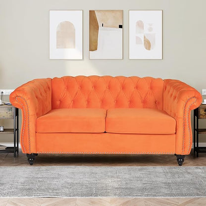 Chesterfield Loveseat Sofa, Modern Velvet Small Sofa Couch 2 Seater with Rolled Arms and Nailhead, Mid Century Modern Loveseat Couch for Small Spaces Living Room Bedroom Apartment, Orange