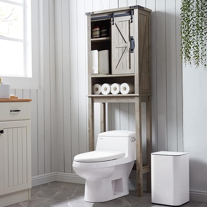 RedLemon Farmhouse Over The Toilet Storage Cabinet Set of 2, 68" Tall with Sliding Barn Doors & Adjustable Shelves, Rustic Above Toilet Storage Cabinet, Light Rustic Oak