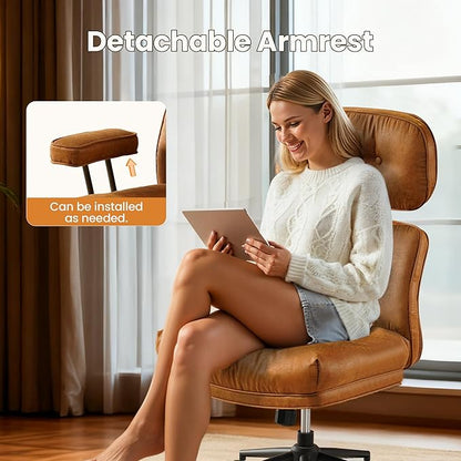 Home Office Desk Chair, Mid-Century Modern Office Chair with Adjustable Lumbar Support, Thickened Cushion Executive Desk Chair with 360 Rolling Swivel for Meeting Game Study Room(Light Brown)