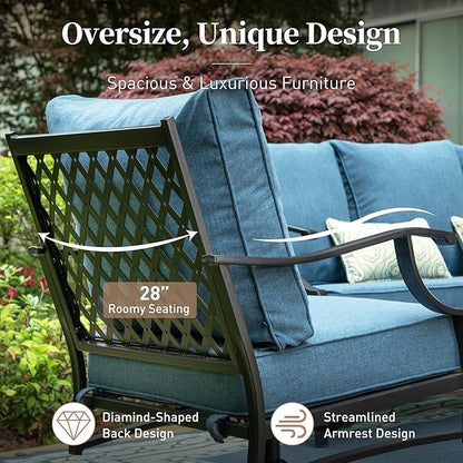 4 Piece Metal Outdoor Patio Furniture Set, Patio Conversation Set 1 3-seater Sofa, 2 Rocking Chair with 5.75" Extra Thick Cushion and Coffee Table, Black Frame Backyard Furniture, Navy