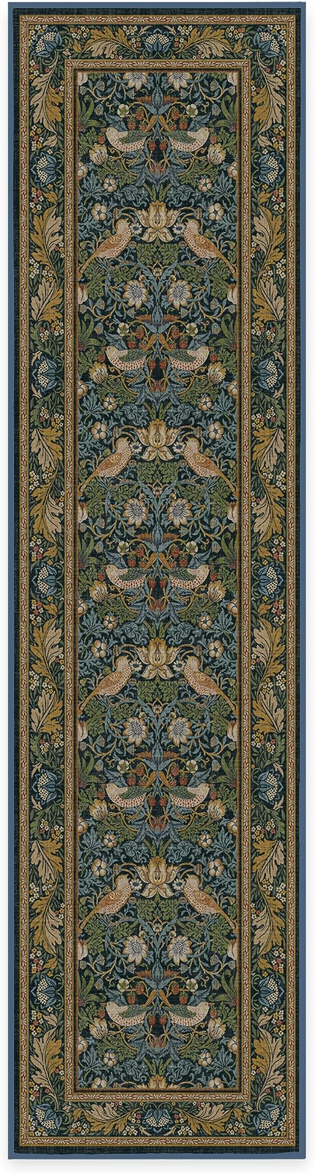 RUGGABLE x Morris & Co Machine Washable Runner Rug – Strawberry Thief Indigo 2.5x10, Stain-Resistant, Non-Slip – Washable Rug for Hallway, Entryway, Living Room & Kitchen–with Standard Pad