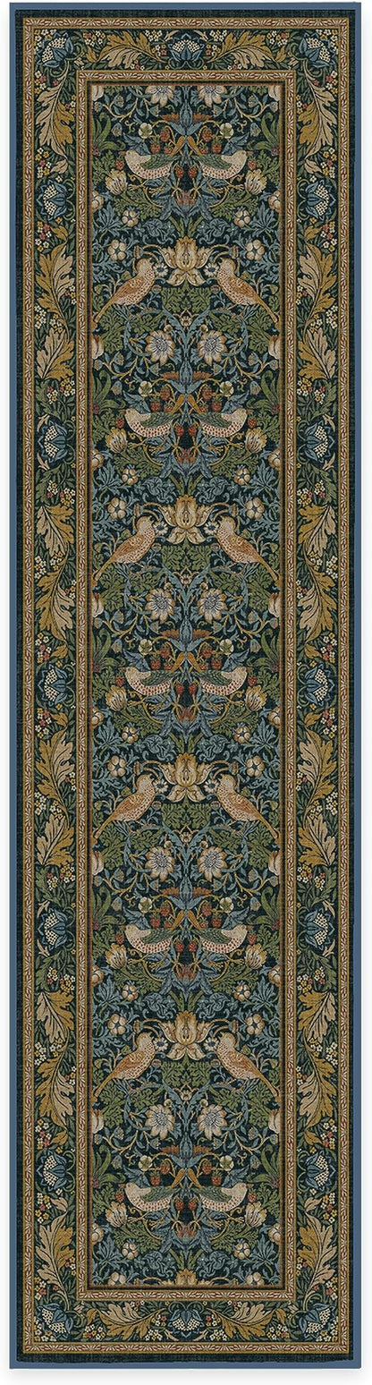 RUGGABLE x Morris & Co Machine Washable Runner Rug – Strawberry Thief Indigo 2.5x10, Stain-Resistant, Non-Slip – Washable Rug for Hallway, Entryway, Living Room & Kitchen–with Cushioned Pad