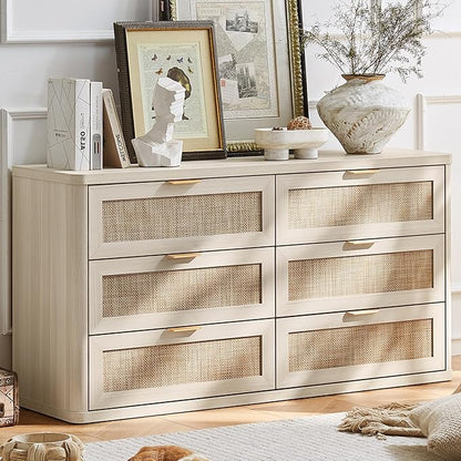 LEYAOYAO Rattan 6 Drawer Dresser for Bedroom, Boho 54" Wide White Dresser Chest of Drawers, Dressers TV Stand with Metal Handle, Storage Dressers Closet Organizer for Living Room, Hallway