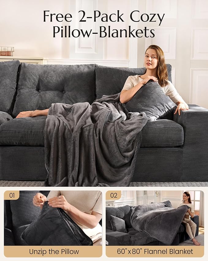 High Back Boneless Couch, U Shaped Cloud Couch with Versatile 2-Pack Pillow Blankets, Corduroy Modular Sectional Sofa with Ottoman, No Assemble Sectional Couches for Living Room, Dark Grey