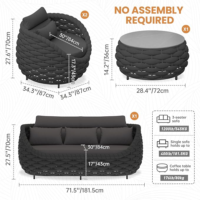 Woven Rope Patio Furniture Set: 4 Pieces Aluminum Outdoor Conversation Sofa Set Assembled - Modern Couch Set Cushioned - All Weather Metal Porch Seating for 5 Person Deck Garden Hotel, Dark Gray