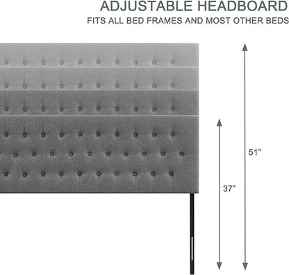 Tufted Upholstered Headboard Queen Size, Solid Wood Head Board with Durable Metal Legs, Adjustable Height Bed headboard from 37” to 51” Fabric Headboard in Modern Button Design, Grey