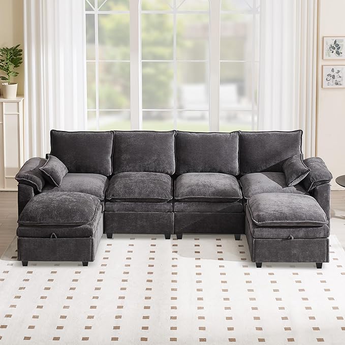 130" U Shaped Modular Sectional Sofa, Couch with Ottoman Storage, Chenille Cloud Couch with Plush Deep Seating for Living Room, Bedroom (9 Seat, Grey)