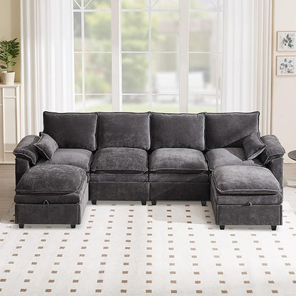 130" U Shaped Modular Sectional Sofa, Couch with Ottoman Storage, Chenille Cloud Couch with Plush Deep Seating for Living Room, Bedroom (9 Seat, Grey)