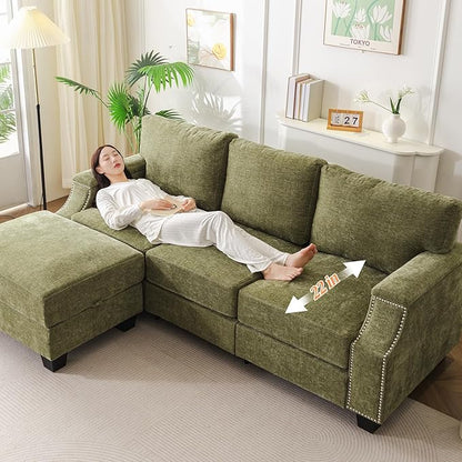 85'' L Shaped Couch with Armrest Organizer,Comfy 3 Seats Sofa with Storage Ottoman,Chenille Sectional Couches for Living Room,Bedroom,Apartment,Sofa Set with Oversized Chair,Green