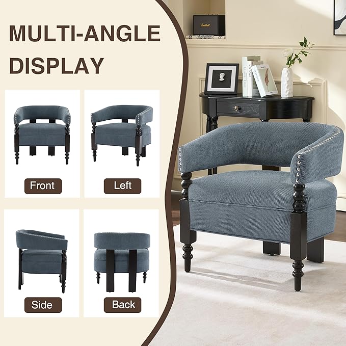 LOULENS Barrel Accent Chair for Living Room | Vintage Linen Upholstered Lounge Chair with with Solid Wood Legs, Armchair for Bedroom, Reception Room & Reading Nook, Blue