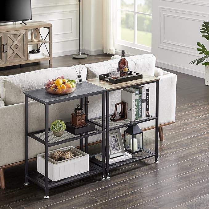 VECELO Tall End Side Tables, 30" Height Nightstand with 3-Tier Storage Shelf for Bedroom Living Room, Easy Assembly,Industrial Style, Carbon Grey