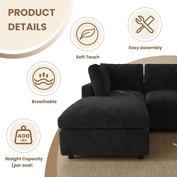 WJShome 100 Inch U Shaped Modern Sofa Modular Sectional Cloud Couch with 2 Ottoman, 4-Seat Chenille Deep Seat Couches for Living Room, Bedroom and Apartment，Black