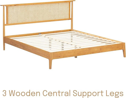 NTC Ruby Wooden Bed Frame with Headboard and Natural Rattan, Solid Oak/Rubber Wood Foundation with Silent Slats, 1000 Lb Capacity, Effortless Assembly - King - Rustic Oak