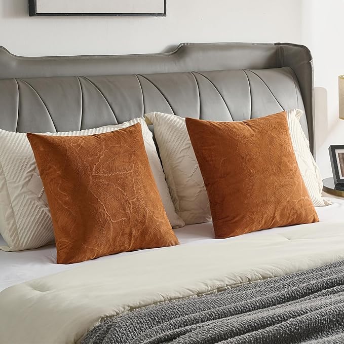 FUTEI Rust Velvet Throw Pillow Covers 16x16 Inch Set of 2,Soft Embossed Leaf-Relief Textured Cushion Cases,Natural Home Decor for Couch Living Room