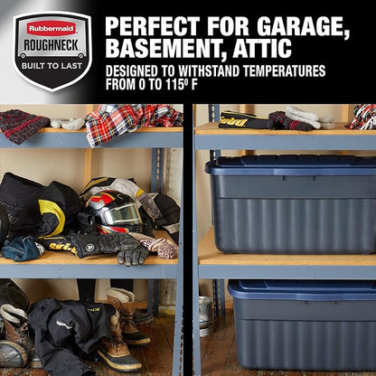 Rubbermaid Roughneck️ 40 Gallon Storage Totes, Pack of 2, Durable Stackable Storage Containers with Hinged Lids, Nestable Plastic Storage Bins for Tools, Toy Storage, Grey and Dark Indigo Metallic