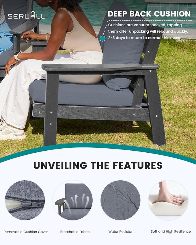 SERWALL Patio Furniture Set with 33” Fire Pit Table, HDPE Outdoor Sectional Sofa Set with Thickened Cushions, Grey Frame with Grey Cushions