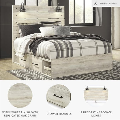 Signature Design by Ashley Cambeck Farmhouse Queen Panel Platform Bed with 4 Storage Drawers, Cubbies, Sconce Lights and USB Ports, Foundation or Box Spring Not Needed, Whitewash