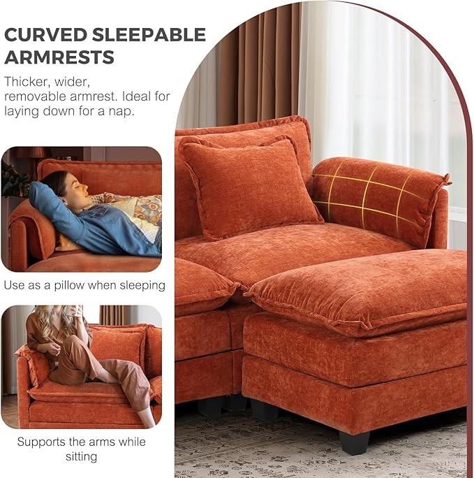 ELUCHANG Oversized 113" Modular Sectional Sofa, Comfy Cloud Couch, L Shaped Deep Seat Sofa Couches for Living Room, 4-Seater Modern Sofa with Movable Ottoman, DIY Combination - Chenille Terracotta