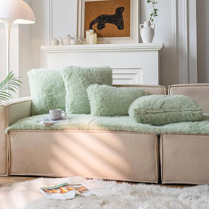 Neelvin Green Faux Fur Cozy Fluffy Double-Sided Decorative Throw Pillow Covers 20x20 inch Set of 2,Velvet Pillowcase Cushion Case for Sofa Couch