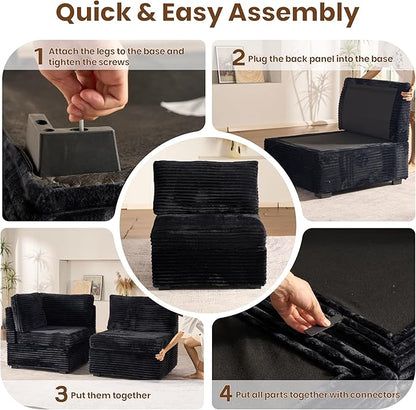 32.7'' Middle Seat for Modular Sectional Sofa, Deep Seat Upholstered Armless Chair Sleeper Sofas, L/U/V Shaped Plush Corduroy Cloud Couch for Living Room Apartment, Black