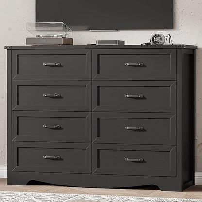 Dresser for Bedroom with 8 Drawers, 54" Wide Wood Chest of Drawers with Deep Drawers & Mental Handle, Modern Dresser TV Stand, Wooden Closet Storage Organizer for Living Room, Hallway, Entryway, Black