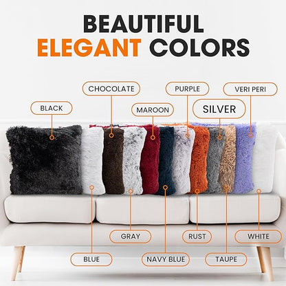 Cheer Collection Throw Pillows for Couch and Bed, Soft Shaggy Throw Pillows with Inserts Included, Cozy Long Hair Faux Fur Pillows - Set of 2-20" x 20" - Silver Gray