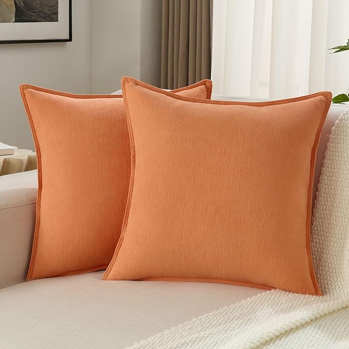 FUTEI Orange Chenille Throw Pillow Covers 20x20 Inch Set of 2,Edges Double-Stitched Cushion Cases,Modern Home Decor for Couch Living Room