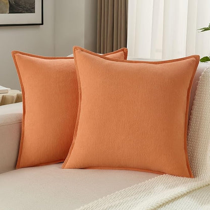 FUTEI Orange Chenille Throw Pillow Covers 26x26 Inch Set of 2,Edges Double-Stitched Euro Pillow Shams,Modern Home Decor for Couch Living Room